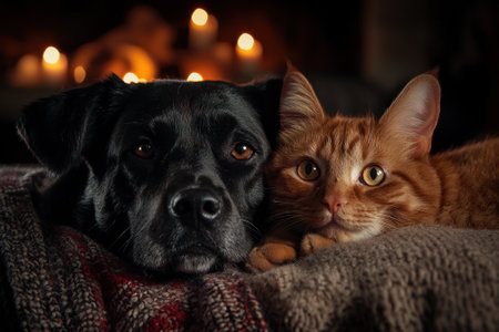 A black dog and an orange cat are laying on a blanket. The cat is looking at the dog with its eyes wide openの素材