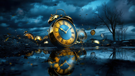 A clock with roman numerals is surrounded by other clocks. The clocks are scattered around the clock, and some of them are upside down. The scene is set in a dark, cloudy skyの素材