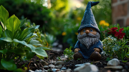 A gnome statue is sitting on a path in a garden. The gnome is wearing a blue hat and has a beard. The garden is full of green plants and flowers, creating a peaceful and serene atmosphereの素材