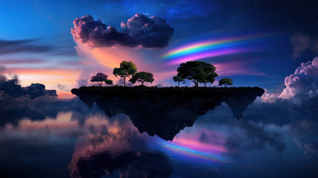 A beautiful island with a rainbow in the sky. The island is surrounded by water and trees. The sky is cloudy and the water is calmの素材