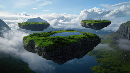 A surreal landscape with three floating islands in the sky, surrounded by water. The sky is filled with clouds, creating a dreamy and ethereal atmosphere. The islands are lush and green, with treesの素材