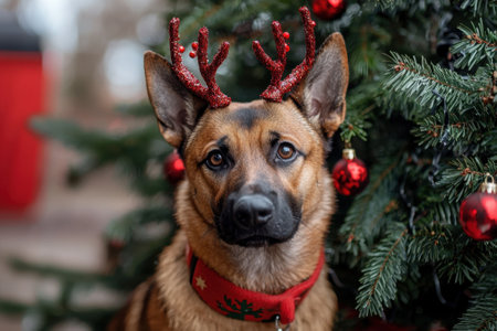 A dog with red antlers on its head is standing in front of a Christmas tree. The dog appears to be looking at the camera with a serious expressionの素材
