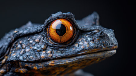 A frog with a large, orange eye. The eye is surrounded by a black and brown patternの素材