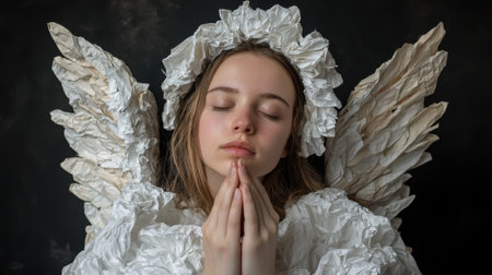 A woman in a white dress with wings on her head is praying. Concept of peace and serenity, as the woman is in a state of prayerの素材
