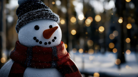 A snowman with a red scarf and a black hat is smiling. The scene is set in a snowy forest with a bright light shining on the snowmanの素材