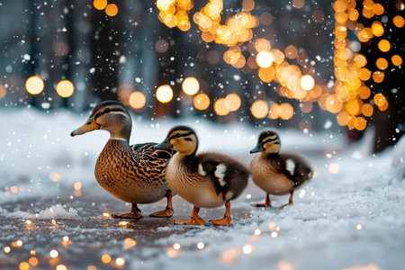 Three ducks are standing in the snow, with one of them being a baby. The scene is peaceful and serene, with the snow creating a beautiful backdrop for the ducksの素材
