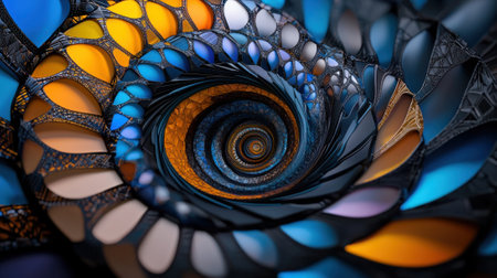 A spiral of colors and shapes that are all different sizes and colors. The spiral is blue, orange, and yellowの素材
