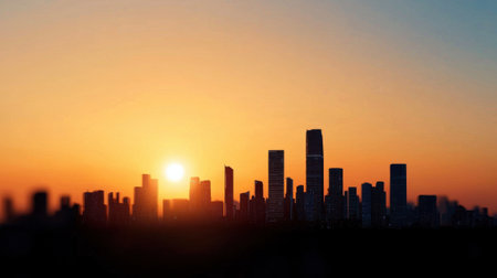 A city skyline with a sun setting in the background. The sun is low on the horizon, casting a warm glow over the buildings. The sky is a mix of orange and pink hues, creating a sereneの素材