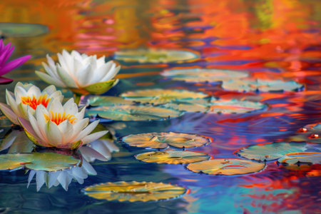 A pond with a few white flowers floating on the surface. The water is calm and the flowers are reflecting the colors of the skyの素材