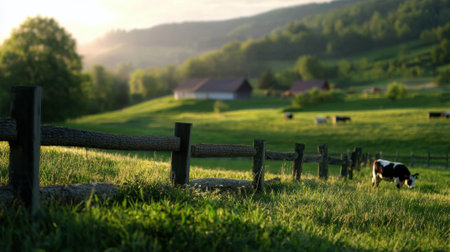A cow is grazing in a lush green field. The scene is peaceful and serene, with the cow being the focal point of the image. The green grass and the open field create a sense of tranquilityの素材