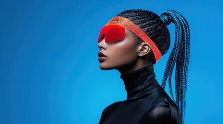 A woman with red hair and blue hair is wearing a black shirt and a blue top. She is wearing a red visor and a blue headbandの素材