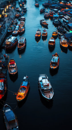 A large number of boats are floating in a body of water. The boats are of various sizes and colors, and they are all illuminated by lights. The scene gives off a sense of calm and serenityの素材