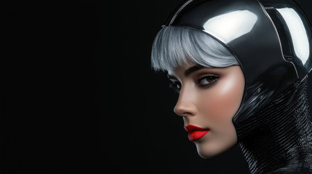 A woman with a silver helmet on her head. The woman is wearing red lipstickの素材