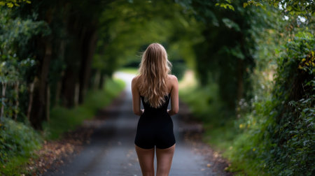 A woman is walking down a road in a forest. The road is narrow and surrounded by trees. The woman is wearing a black dress and shortsの素材