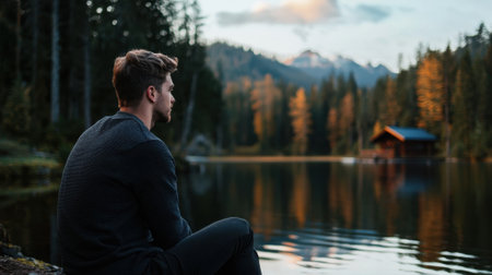 A man sits by a lake, looking out at the water. The scene is peaceful and serene, with the man's reflection visible in the water. The man is lost in thoughtの素材