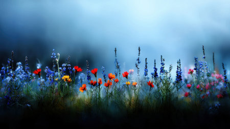 A field of flowers with a blue sky in the background. The flowers are of various colors and are scattered throughout the field. Scene is peaceful and serene, as the flowers seem to be in full bloomの素材