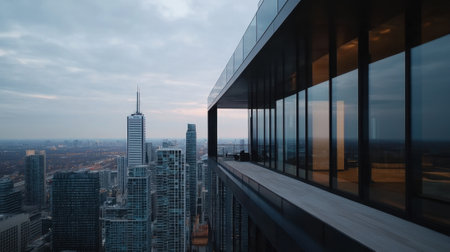 A city skyline with a tall building in the background. The sky is cloudy and the sun is settingの素材
