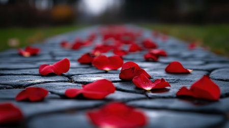 A path is covered in red petals, creating a romantic and serene atmosphere. The image evokes feelings of love and beauty, as the petals are scattered across the ground, creating a softの素材