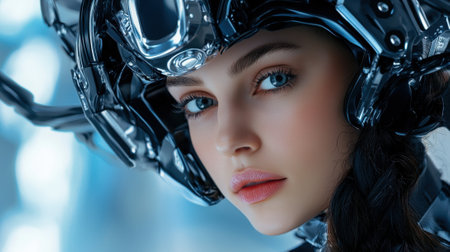 A woman with a helmet on her head. She has blue eyes and a smile. The image is of a futuristic womanの素材