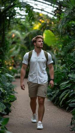A man wearing a white shirt and khaki shorts walks through a lush green forest. The man is smiling and he is enjoying his time in the woodsの素材
