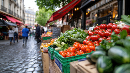 A market with a variety of vegetables including tomatoes, cucumbers, and squash. The market is bustling with people shopping for fresh produceの素材