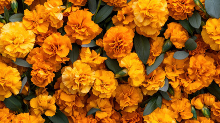 A bunch of orange flowers with green leaves. The flowers are in a bunch and are very close to each otherの素材