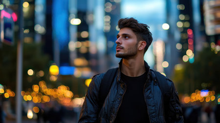 A man wearing a black jacket and backpack is walking down a city street at night. The city is lit up with bright lights, creating a lively atmosphere. The man is lost in thoughtの素材