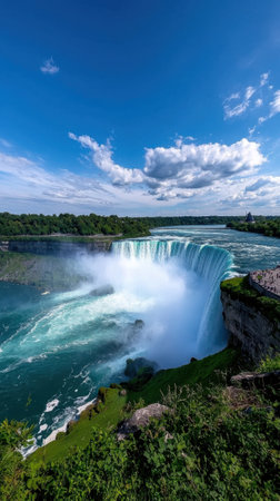A waterfall is seen in the distance with a blue sky in the background. The water is flowing down the side of a cliff, creating a beautiful and serene sceneの素材