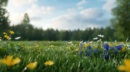 A beautiful field of flowers with a blue sky in the background. Scene is calm and tranquil, as the vibrant colors of the flowers and the clear blue sky create a sense of harmony and balanceの素材