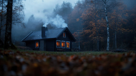 A small cabin in the woods with smoke coming out of the chimney. The cabin is surrounded by trees and the leaves are fallingの素材