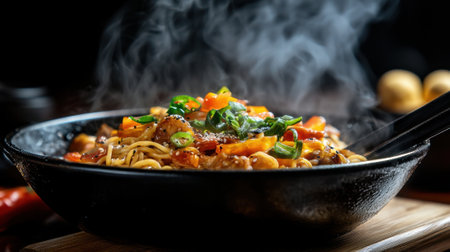 A bowl of hot food with steam rising from it. The steam is coming from the noodles and vegetables in the bowlの素材