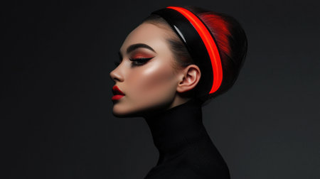 A woman with red lipstick and a red headband. She is wearing a black dress and has a red and black hairの素材