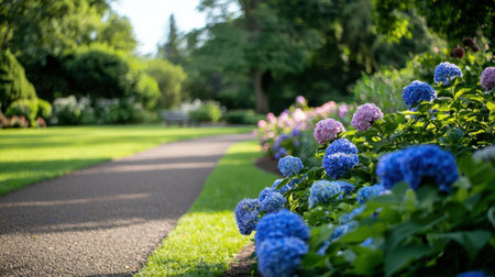 A path with a bench and a row of blue and pink flowers. The flowers are in full bloom and the path is lined with themの素材