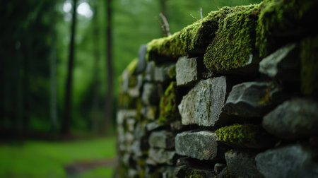 A stone wall emerges from a vibrant green forest, enriched by a thick layer of moss. Sunlight filters through the trees, creating a serene atmosphere.の素材