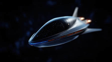 A futuristic space ship is flying through the dark sky. The ship is surrounded by a starry background, giving the impression of a vast, empty spaceの素材