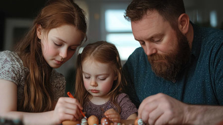 A man and two children are sitting at a table, drawing pictures. The man is wearing a blue shirt and the children are wearing pink shirts. Scene is happy and playfulの素材