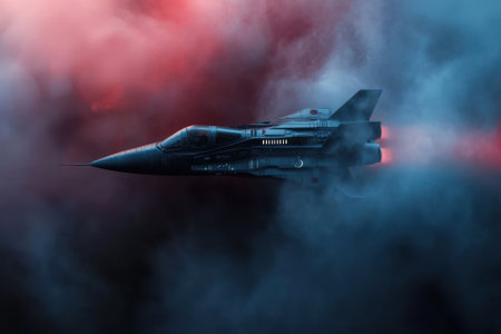 A jet is flying through a hazy sky. The jet is black and has a red stripe on the side. The sky is filled with smoke and the jet is leaving a trail of smoke behind itの素材