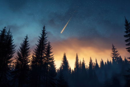 A star is falling through the sky above a forest. The sky is dark and cloudy, and the trees are silhouetted against the sky. The scene is peaceful and sereneの素材