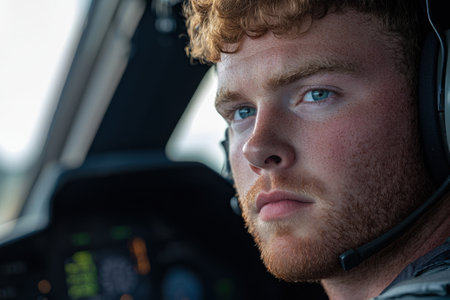 A man with a beard and blue eyes is sitting in a cockpit of a plane. He is wearing headphones and looking out the windowの素材