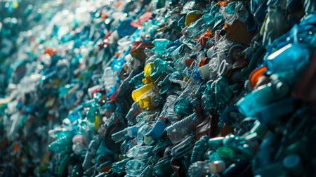 A pile of plastic bottles and other trash. Concept of waste and pollution, highlighting the need for better waste management and recycling practicesの素材