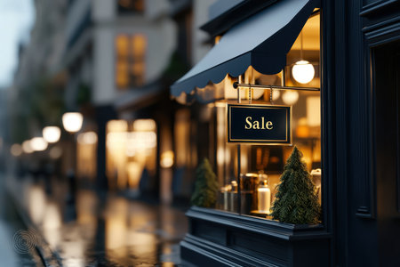 A store front with a sign that says Sale. The store is open and the sign is hanging from the windowの素材