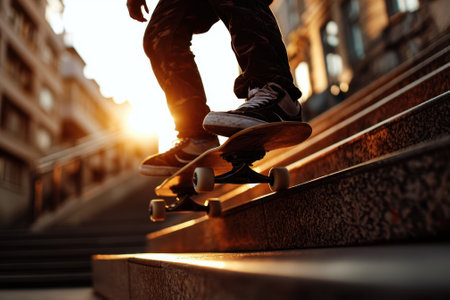 A skateboarder is riding up a set of stairs. Concept of excitement and adventure, as the skateboarder is taking on a challenging and daring feat. The bright sunlight illuminates the sceneの素材