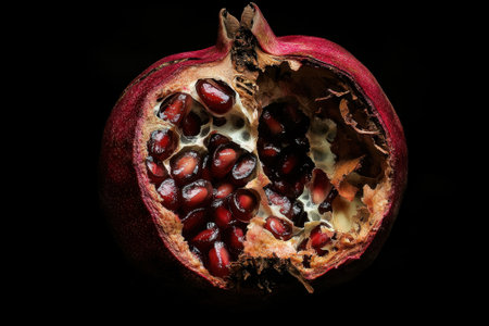 A close up of a red pomegranate with a hole in the middle. The fruit is ripe and ready to be eatenの素材