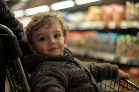 A young child is sitting in a shopping cart with a smile on his face. The scene is set in a grocery store, with various items on the shelves, including a bottle and a cupの素材
