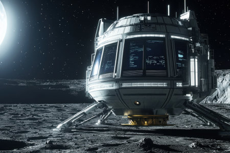 A space ship is on a moon. The moon is full and the sky is dark. The space ship is white and has windowsの素材