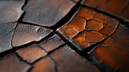 The image is of a cracked leather surface with a brown color. The cracks are visible and the surface appears to be old and wornの素材