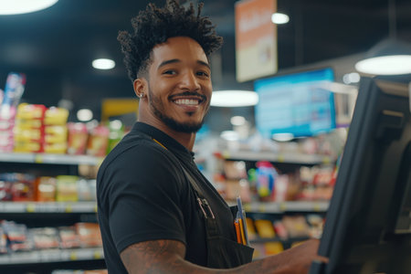 A man with a smile on his face stands behind a cash register in a store. He is wearing a black shirt and a black apronの素材
