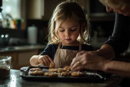 A young girl is making cookies with her mother in the kitchen. The girl is wearing an apron and is putting sprinkles on the cookiesの素材