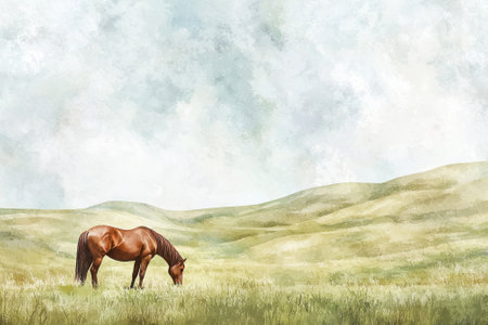 A brown horse is standing in a grassy field, eating grass. The sky above is cloudy, creating a calm and tranquil atmosphere. The scene is reminiscent of a pastoral landscapeの素材