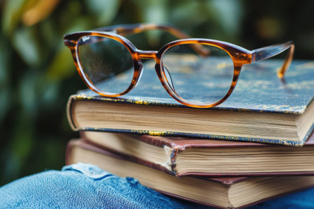 A pair of glasses sits on top of a stack of books. The glasses are brown and have a clear lens. The books are old and have a worn appearanceの素材